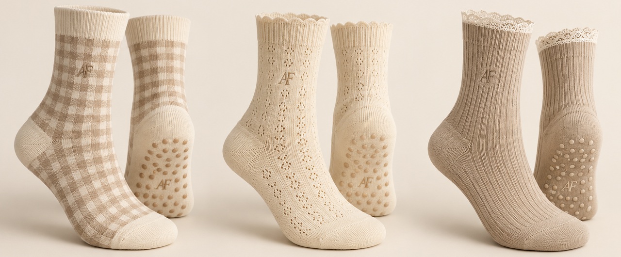 Altered Form check, pointelle and lace sock designs with signature grip soles